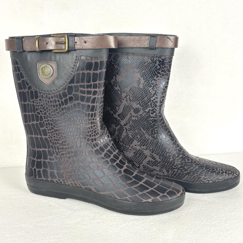 Corky's Rainboots Croc Reptile Print Dark Brown Mid Calf Rubber Boots Women's 11